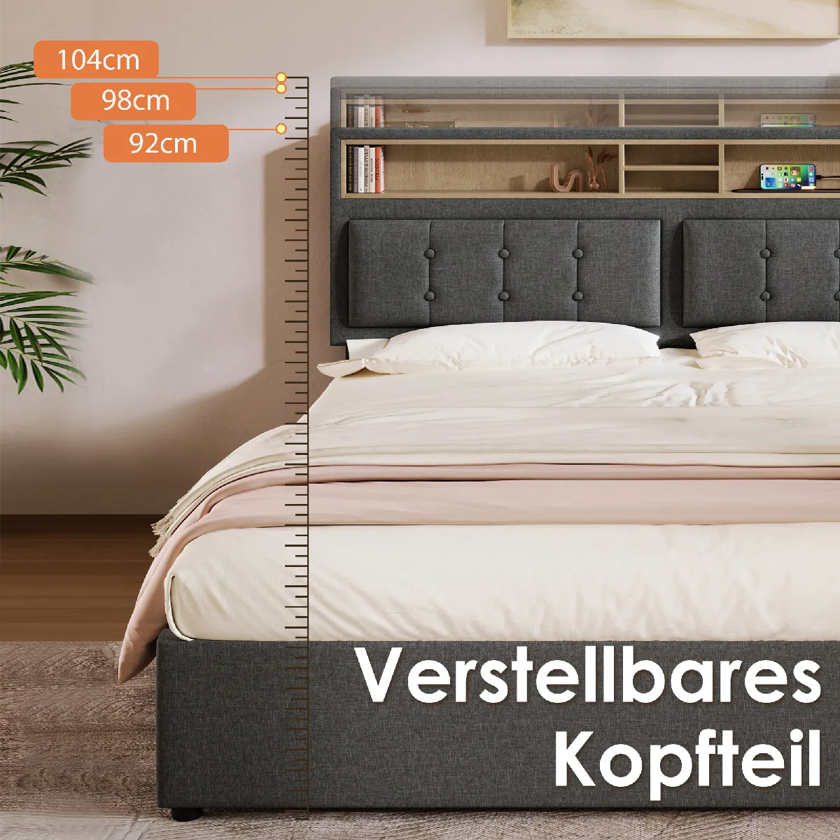 KOMHTOM Lit double avec tiroirs et USB-C - Gris 160x200 cm