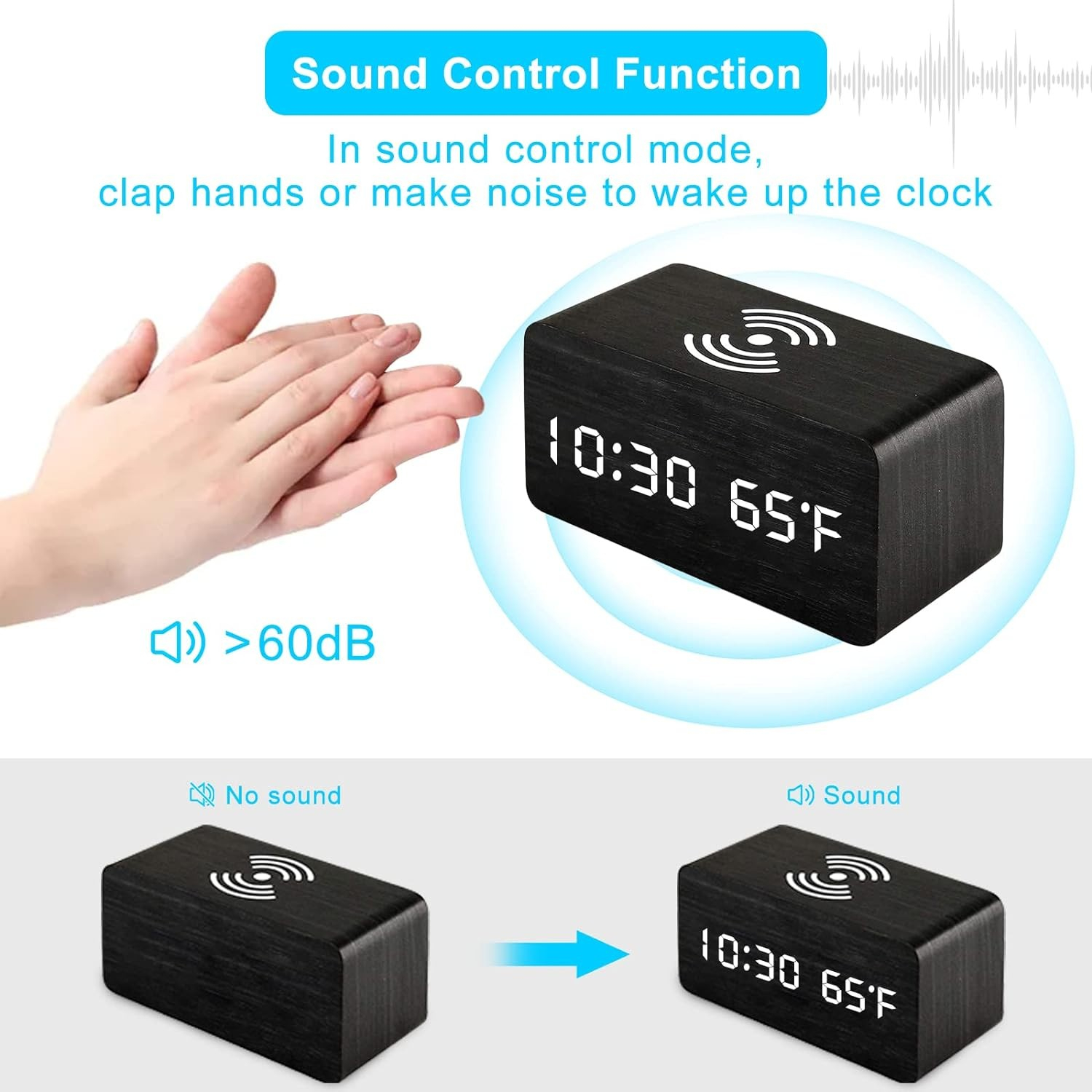 3in1 LED Holz Wecker USB Nachttisch Uhr mit Integrierter Ladestation Qi Wireless Ladegerät / Temperatur Anzeige - Schwarz