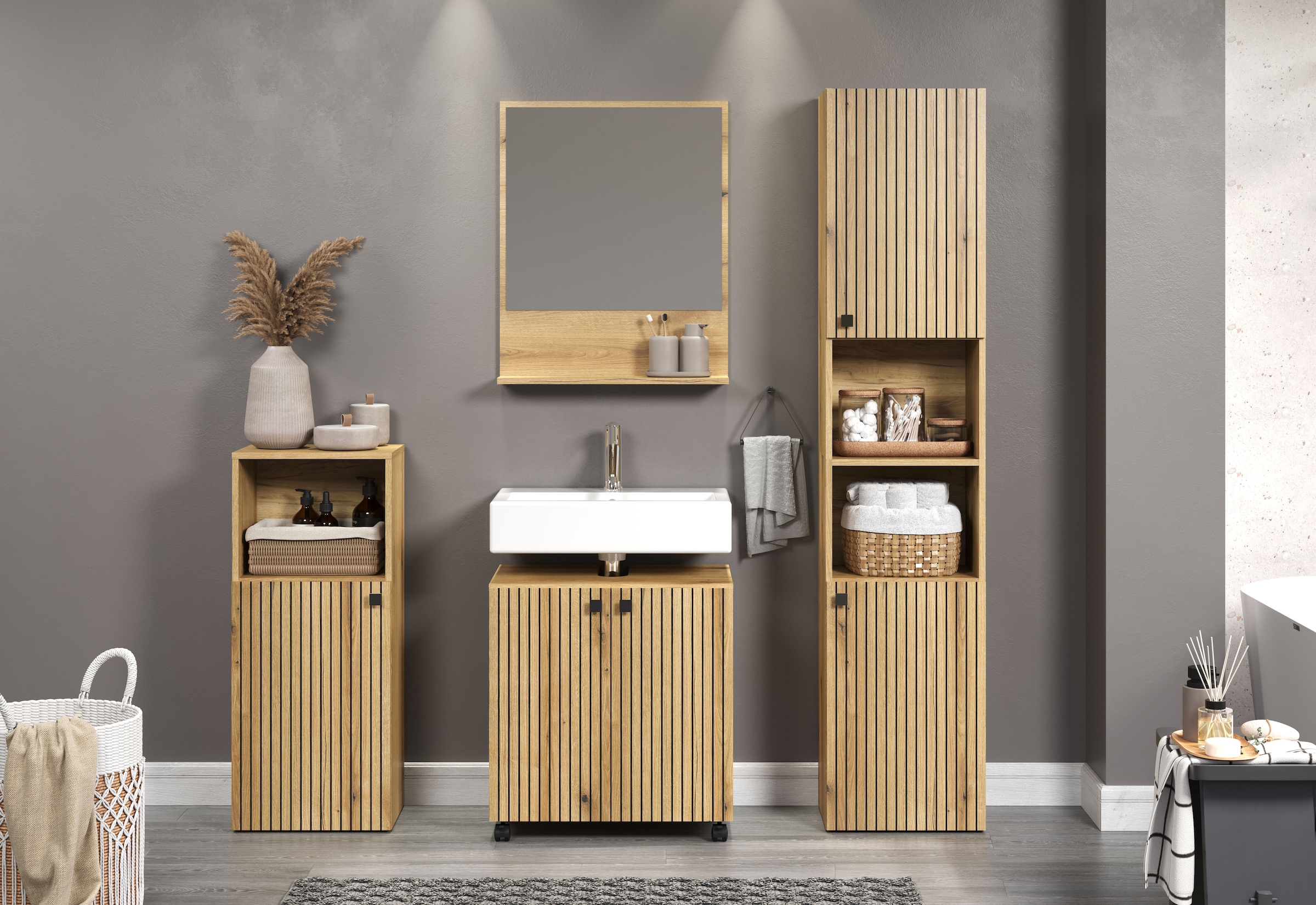 welltime Badmöbel-Set »Amrum Waschbeckenunterschrank Spiegel Hochschrank Badschrank« Komplett-Set, 4 Stk. tlg.