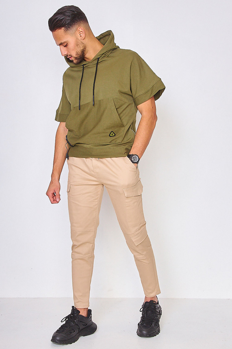 Sweat à capuche kaki manches courtes
