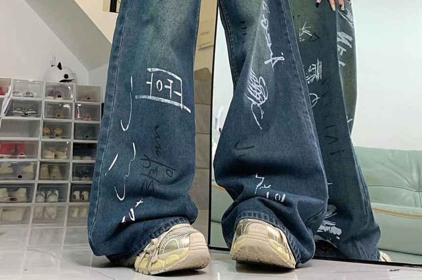 Bay Go Mall - High Rise Print Wijde Pijpen Jeans