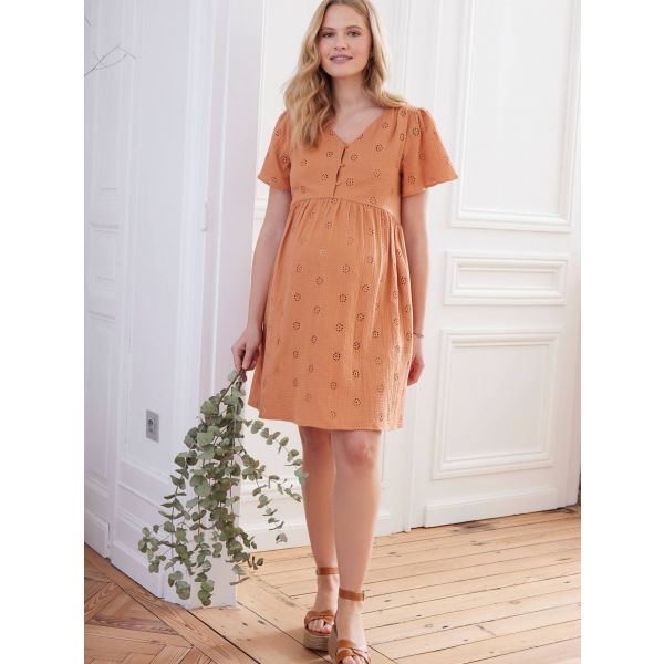 Vertbaudet Vestido Bordado em Gaze de Algodão Especial Gravidez e Amamentação Terracota 48