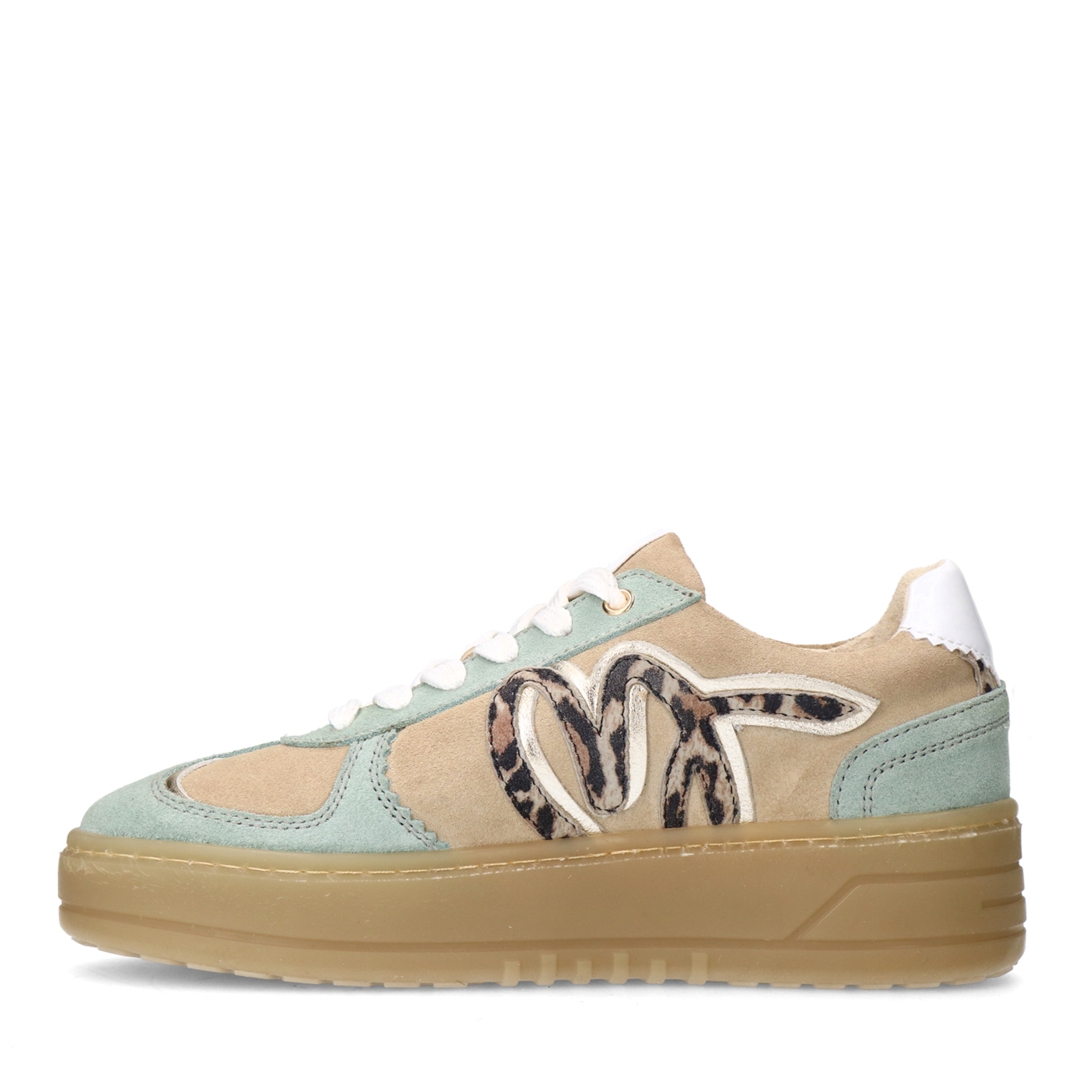 Beige suède sneakers met mint groene details