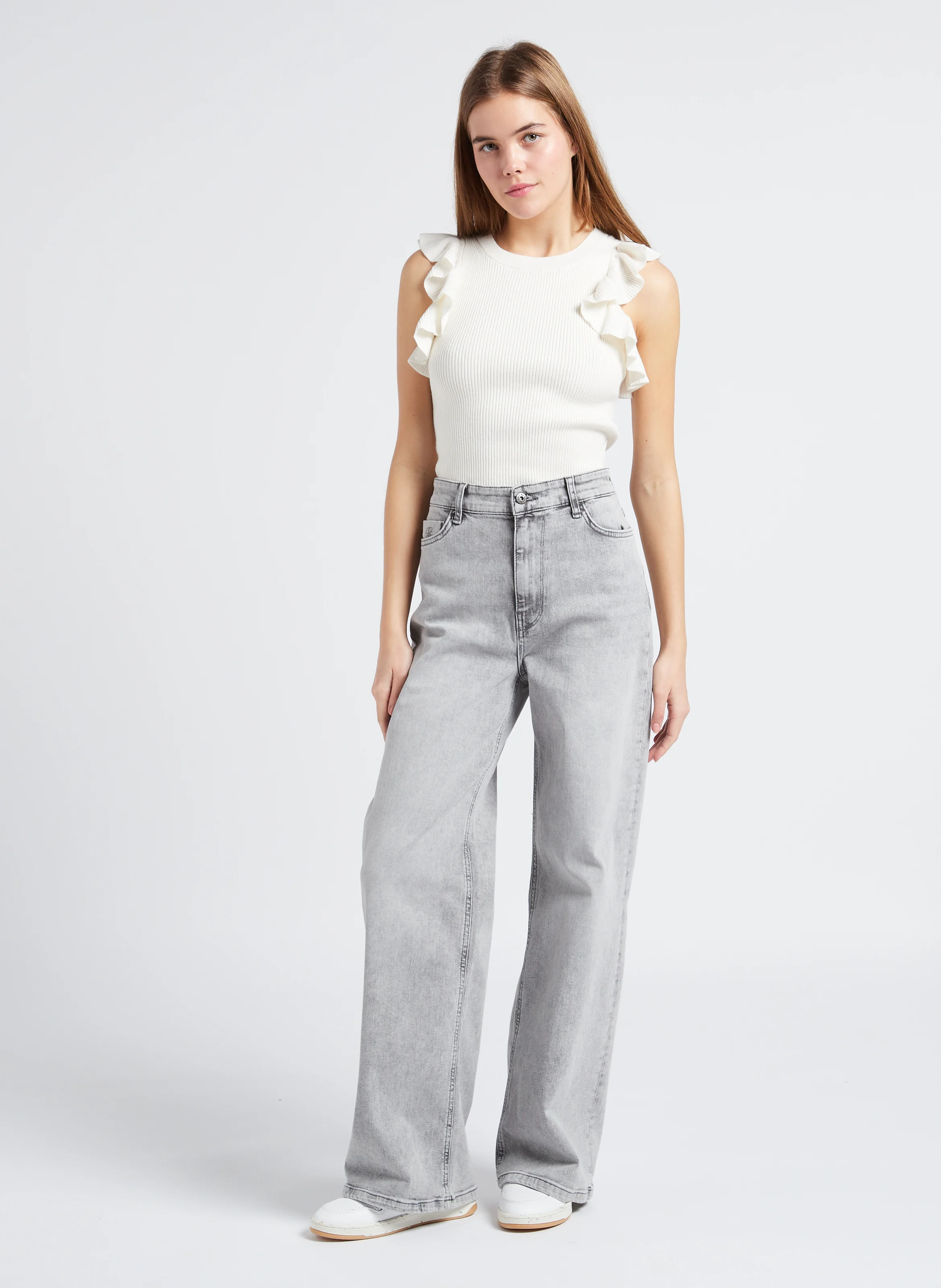 LINA - Jean ample taille haute en coton mélangé | Gris