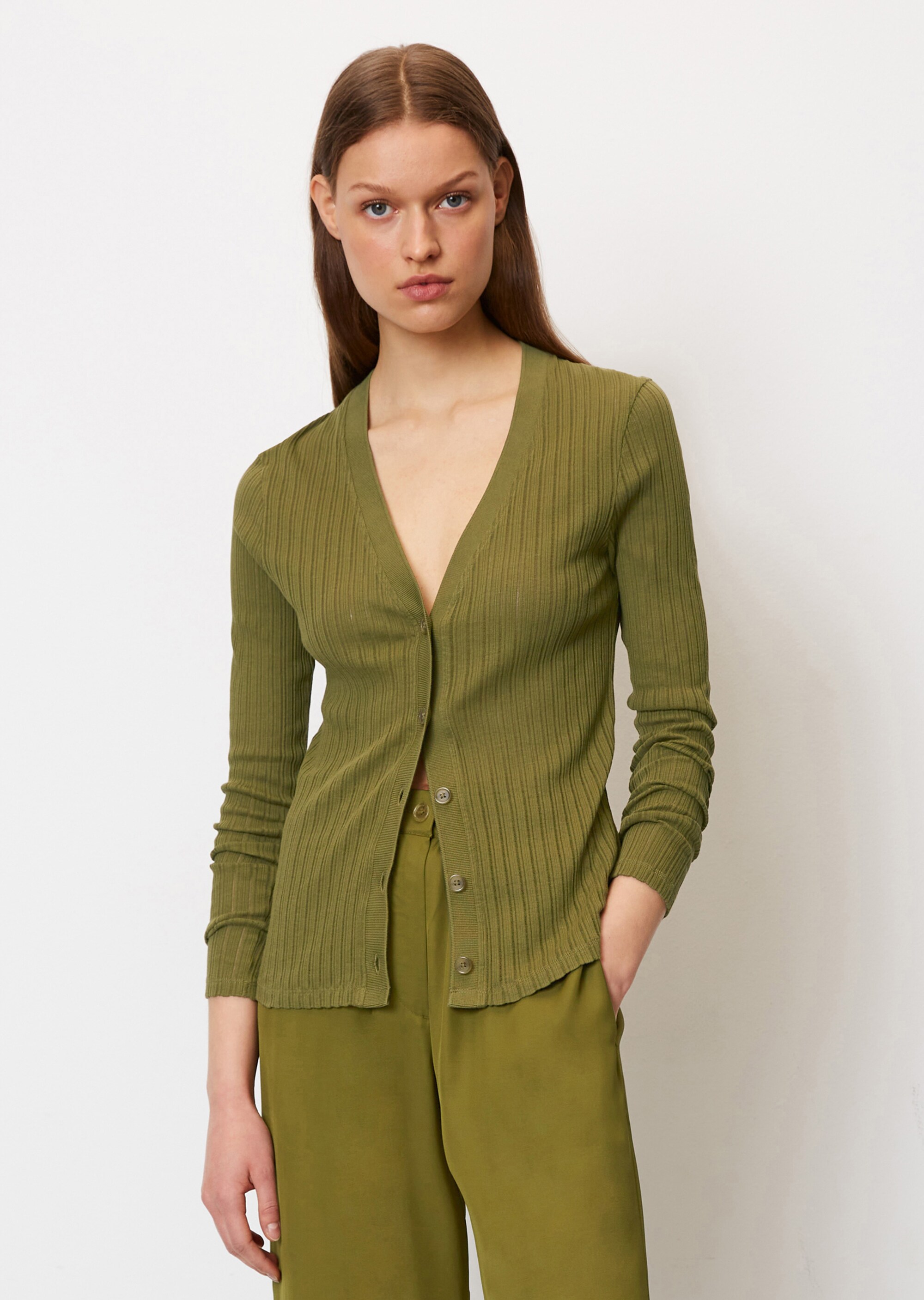 Pointelle-Jersey-V-Neck-Cardigan aus reiner Bio-Baumwolle