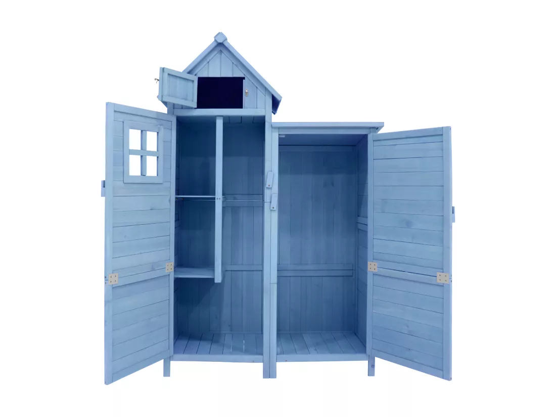 Abri de jardin en bois massif avec toit pente en PVC - 2 étagères 3 portes loquets - L118 x P54 x H173 cm - Bleu