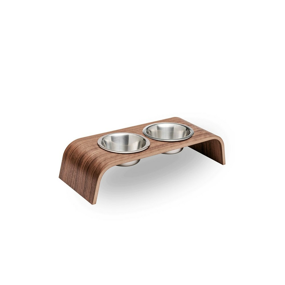 Gero - set de 2 gamelles surélevées en acier, socle bois noyer