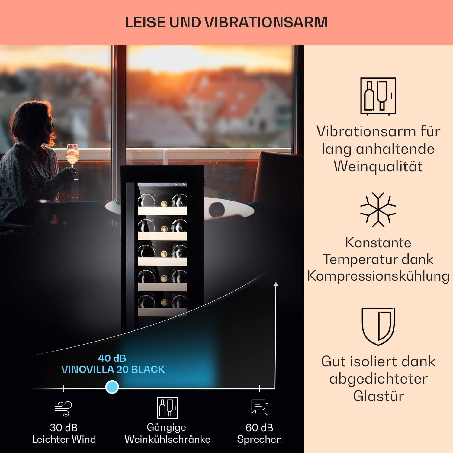 KLARSTEIN Vinovilla Cave a Vin Encastrable, Armoire a Vin, Cave à Vin à une Zone, Caves à Vin de Vieillissement, Bouteilles de Vin, Prosecco, Ecran Tactile, Mini frigo 5-22°C, 50L, 20 Bouteilles