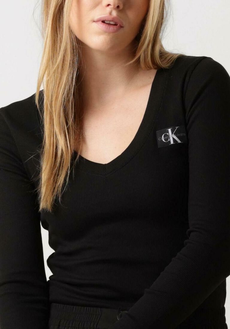 CALVIN KLEIN zwarte calvin klein  woven label v-neck long sleeve