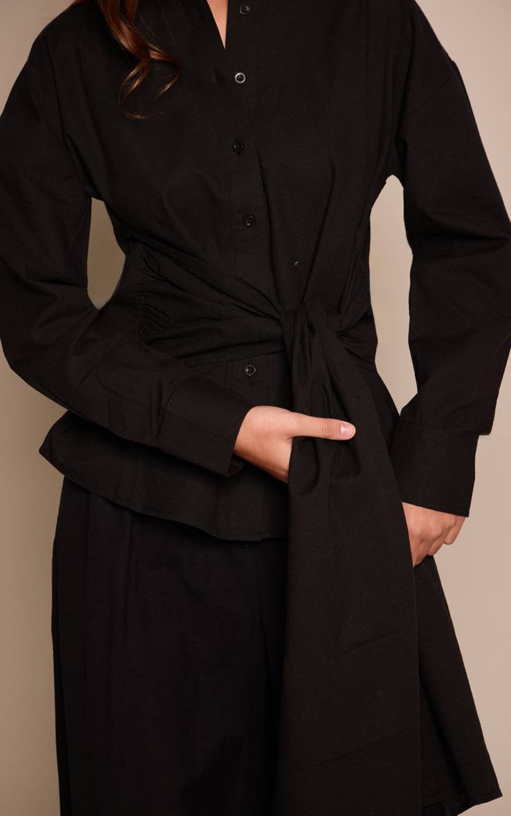 Noir Chemise En Mélange Coton Lin Avec Détail Cache-cœur