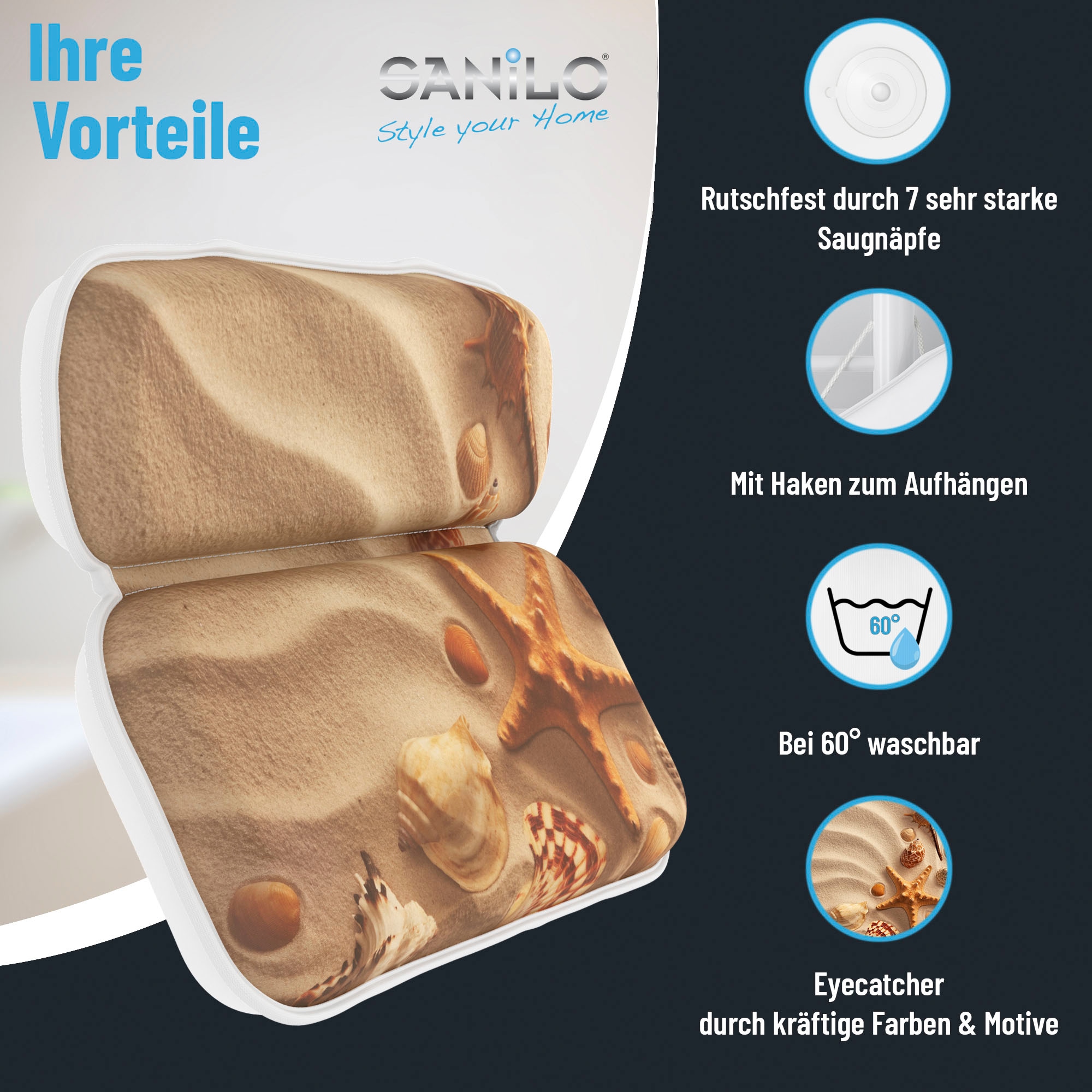 Sanilo Nackenkissen »Badewannenkissen Sanibel« bequem, rutschfest, kräftige Farben, mit 7 starken Saugnäpfen