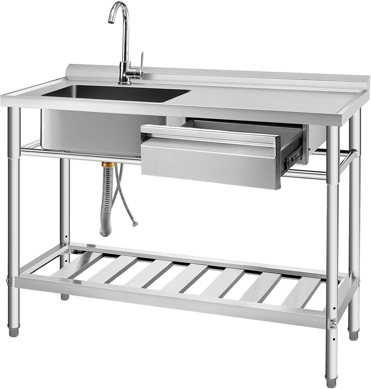 Freistehende Edelstahl Spültisch, 1 Becken mit Rechte Schublade, Gewerbliche Spülbecken mit Wasserhahn,Kalt und Warmwasserschläuchen,für Waschküche,Bauernhaus, Innen- und Außenspüle (47 Zoll)