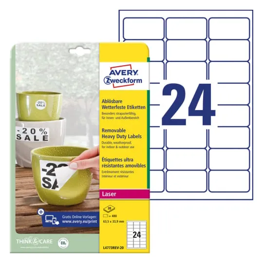 Etiketter Avery 63,5x33,9 hvid, aftagelige, holdbare - (20 ark x 24 stk.)