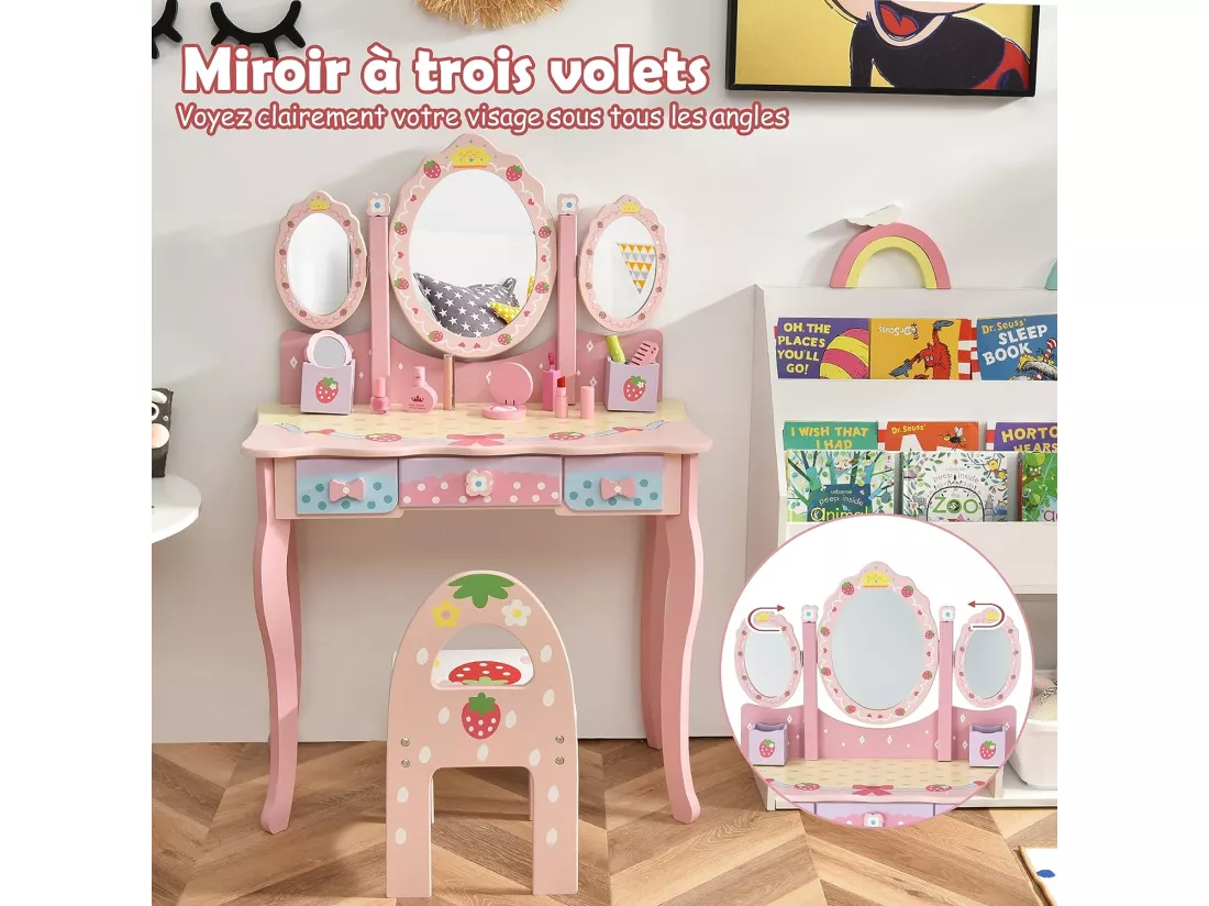 Coiffeuse pour Enfants de 3+ Ans, Ensemble Coiffeuse et Chaise avec Miroir Pliable à Trois Volets, 3 Tiroirs et 2 Boîte de Rangement, 70 x 34 x 105 cm, Rose