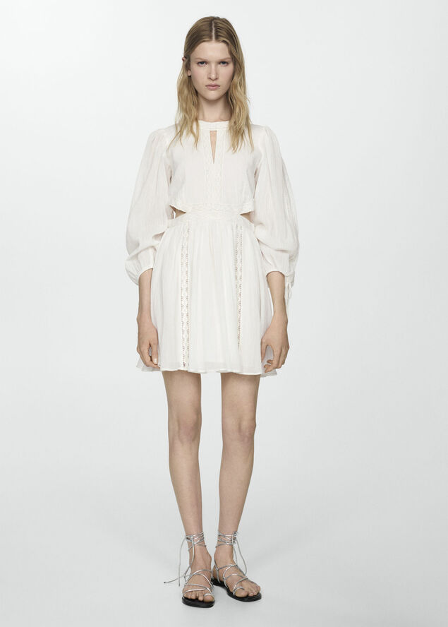 MANGO Lace detail slit dress Natural white