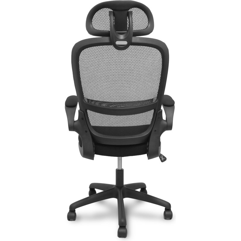 Chaise Pro525, dossier en maille noire, assise et appui-tête en tissu noir