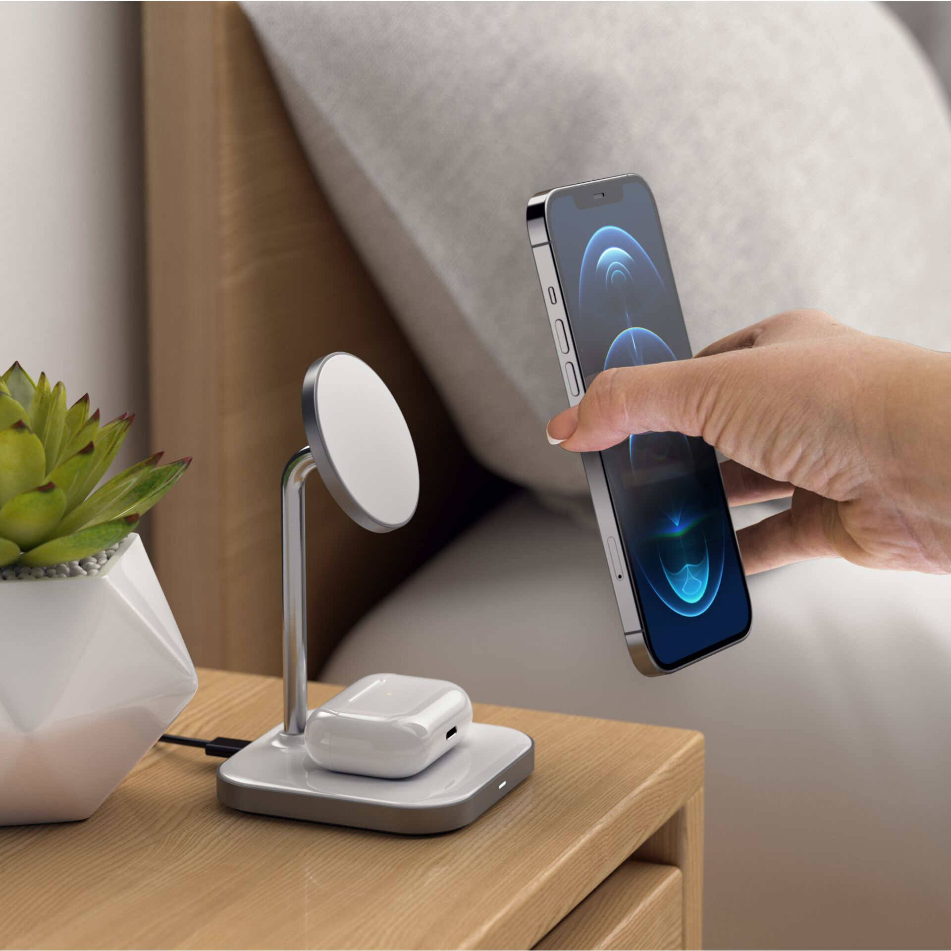 (7.5W) 2in1 MagSafe Ladegerät Qi Wireless Charger für Apple iPhone / Apple Airpods Ladestation (ST-WMCS2M) - Space Gray / Weiss