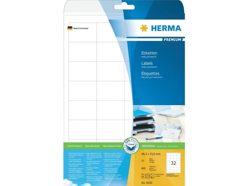 HERMA Premium - Papir - mat - permanent selvklæbende - hvid - 48.3 x 33.8 mm 800 etikette(r) (25 ark x 32) laminerede etiketter