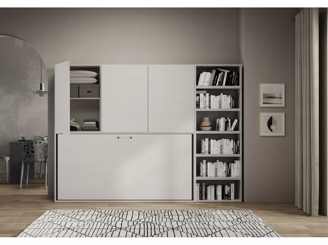 Lit escamotable horizontal blanc Bounto 85x185 avec rangement et bibliothèque composition G-1 matelas 85x185