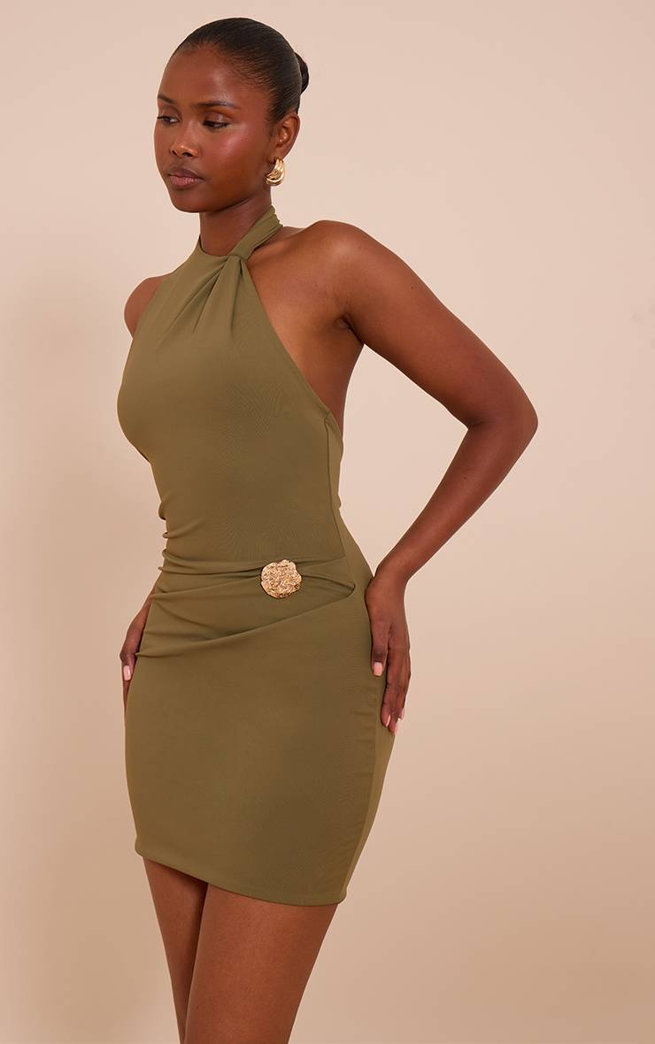 Vert Olive Robe Mini Froncée À Col Licou Toucher Doux Avec Détail De Bordure
