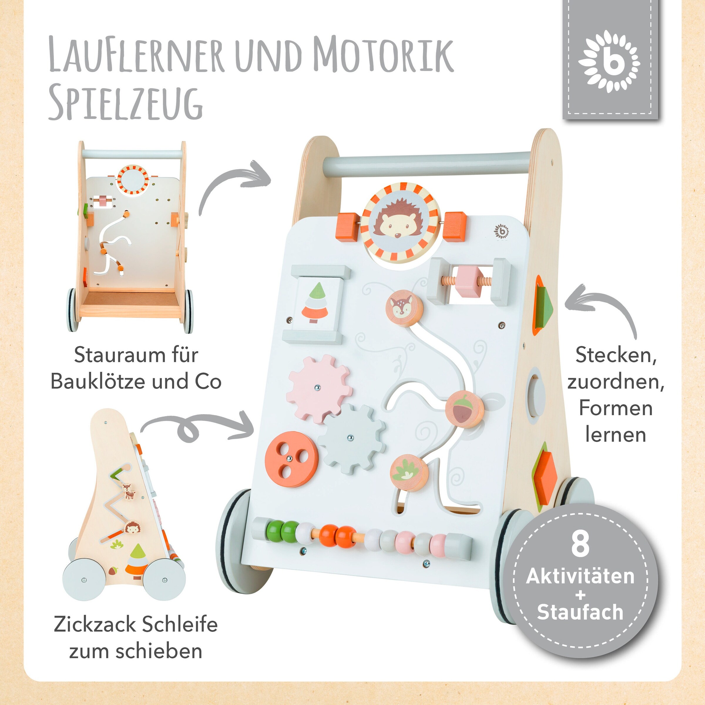 Bieco Lauflernwagen Holz mit Aktivitäten Weiß