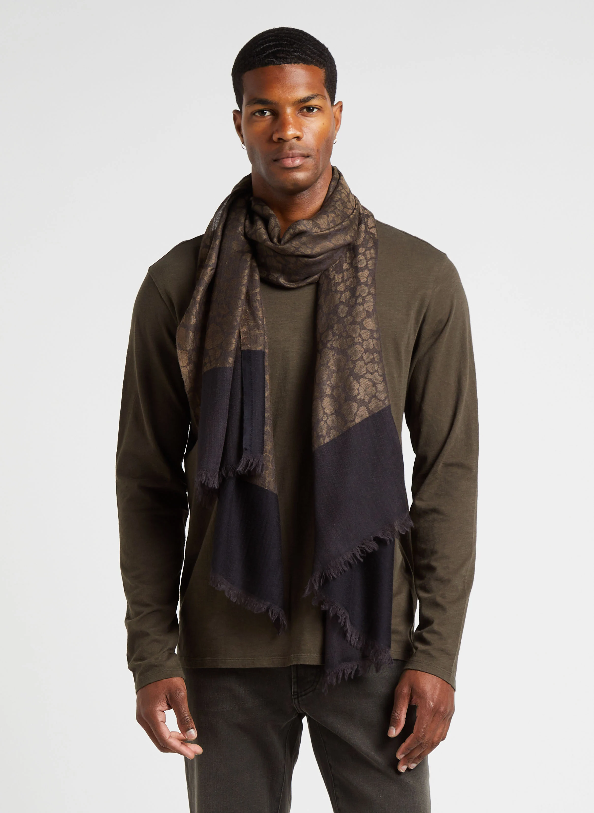 Foulard frangé en laine mélangée | Kaki