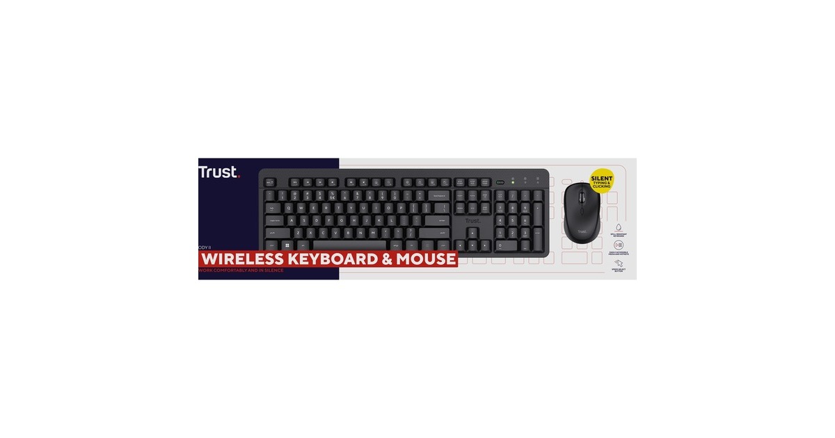 TrustOdy II Stille draadloze toetsenbord- en muisset, desktopset  (Zwart, US lay-out, Membraan, 800 dpi - 1.600 dpi)