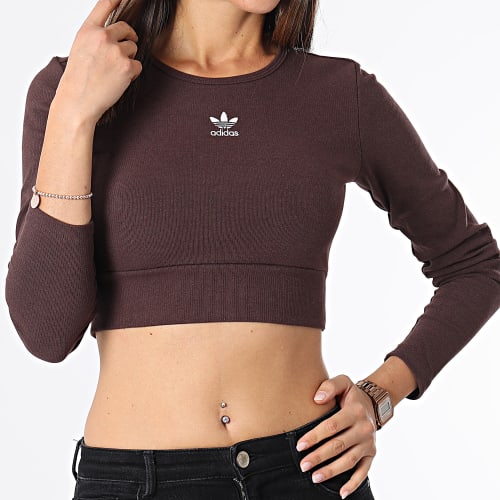 Tee Shirt Manches Longues Crop Femme Rib IJ5385 Marron