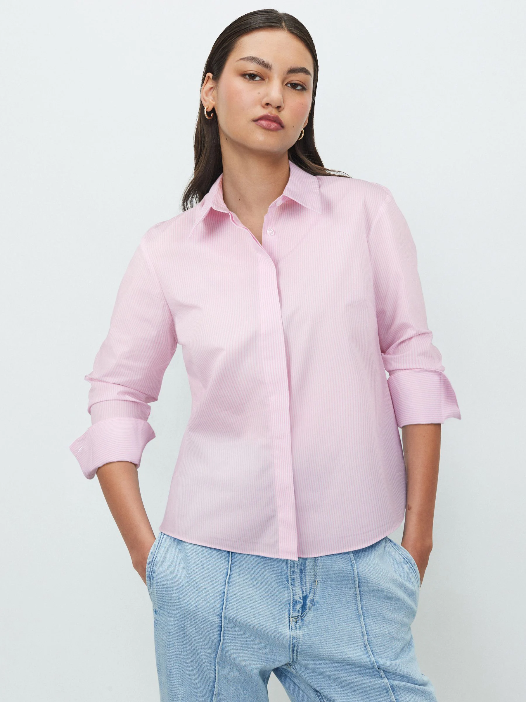 Roze/wit gestreept - Fitted Stretch Essential Long Sleeve Shirt
