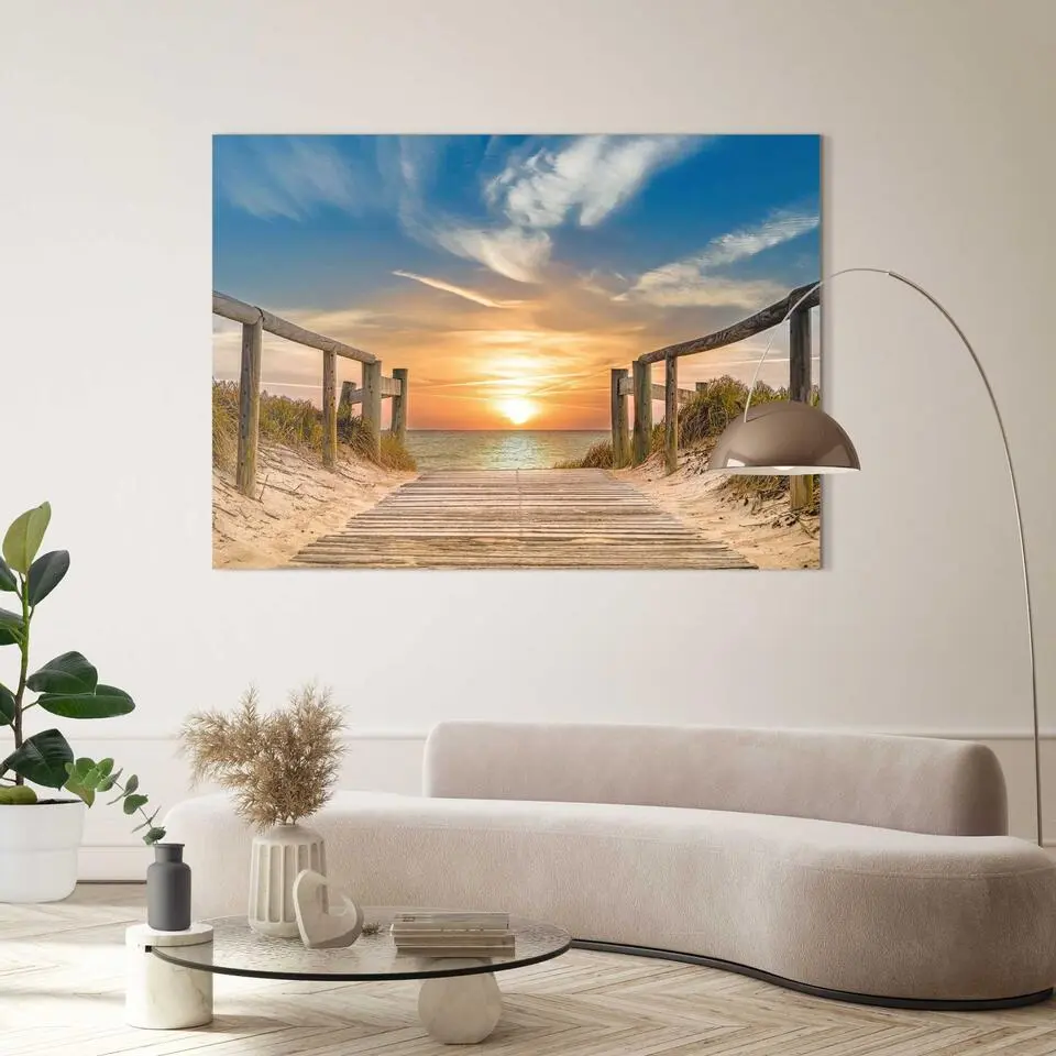 Schilderij Zonsondergang aan het Strand - 100x140cm - Oranje