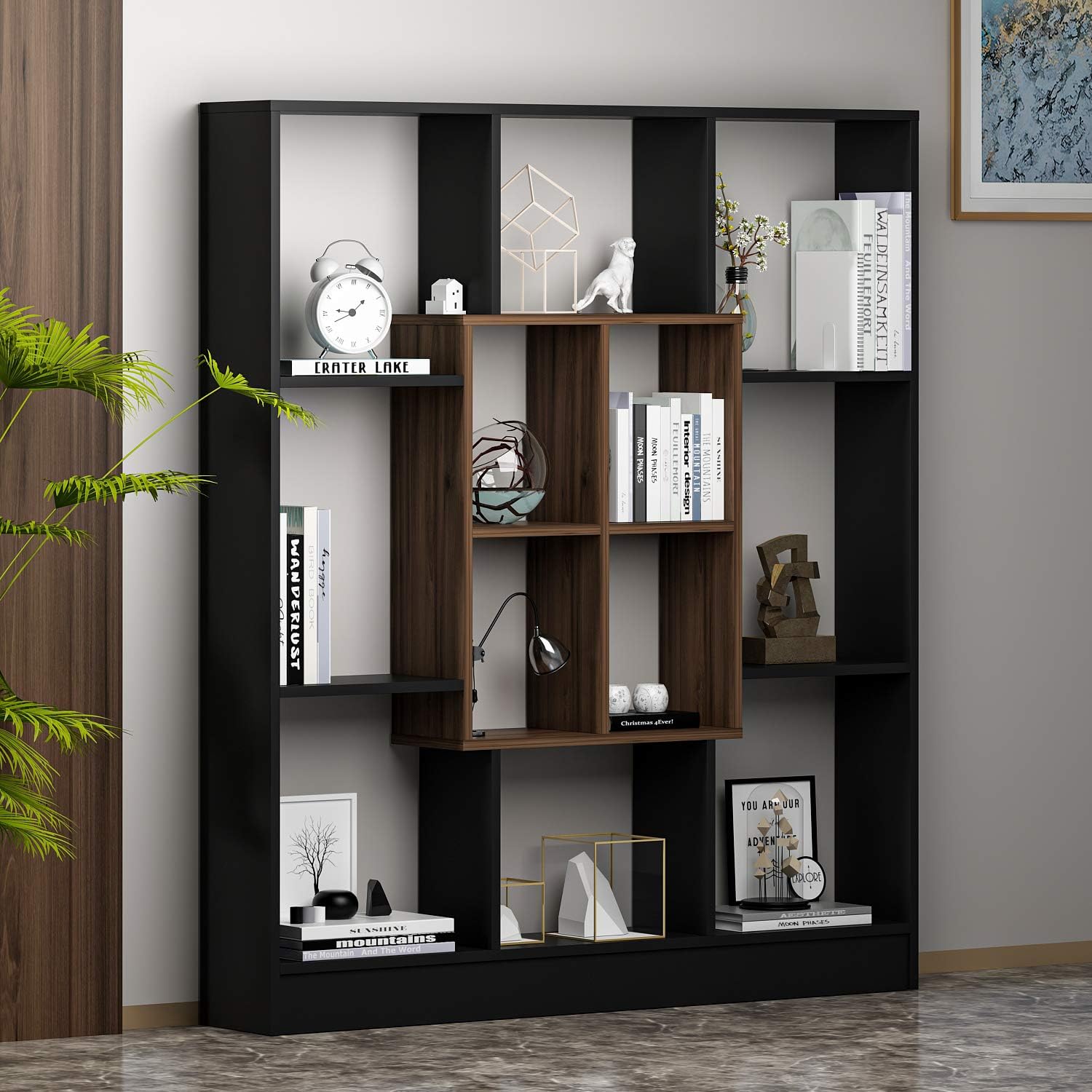 Homidea Mars Bücherregal - Standregal - Büroregal - Raumteiler in trendigem Design (Schwarz/Nussbaum)