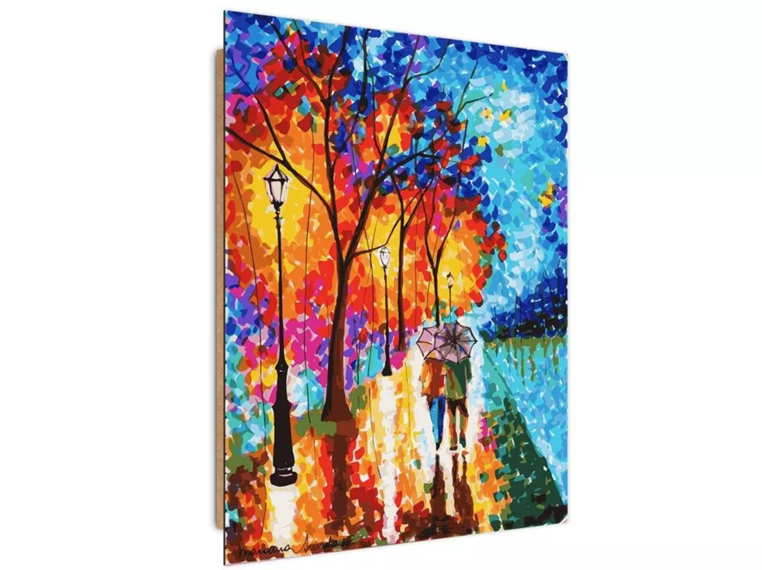 Tableau bois peinture promenade d'automne - 60 x 80 cm