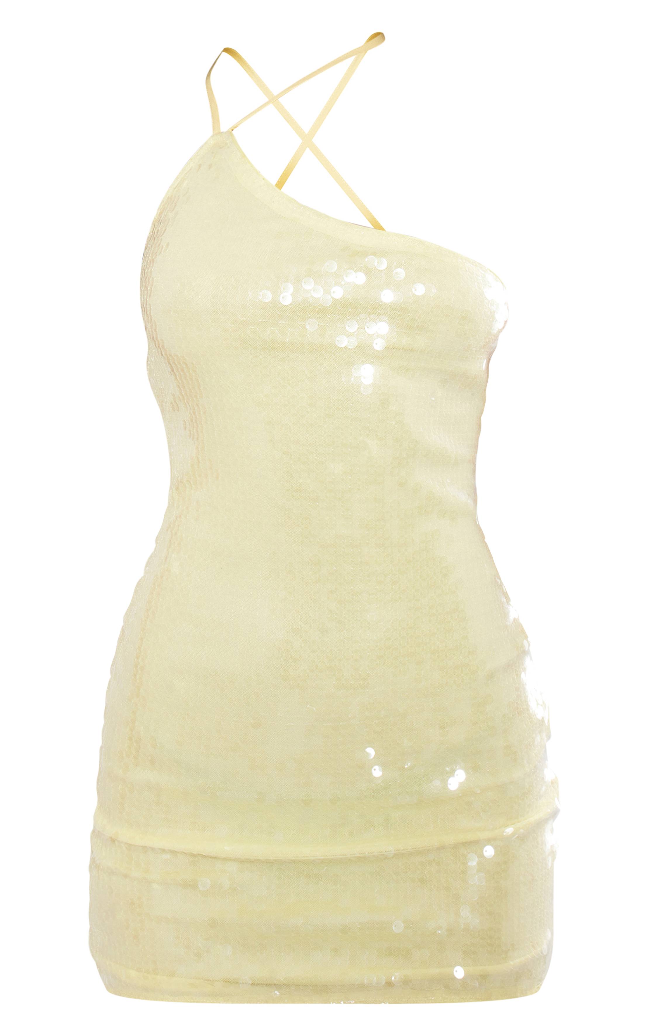 Jaune Robe Moulante À Paillettes Asymétrique Avec Bretelles