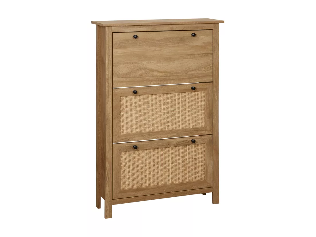 Meuble à chaussures 3 portes abattants dim. 80L x 23,5L x 121,5H cm aspect bois effet cannage rotin
