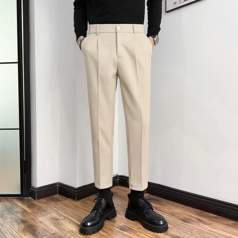 DuckleBeam - Mid Rise Plain Cropped Straight Leg Dress Pants