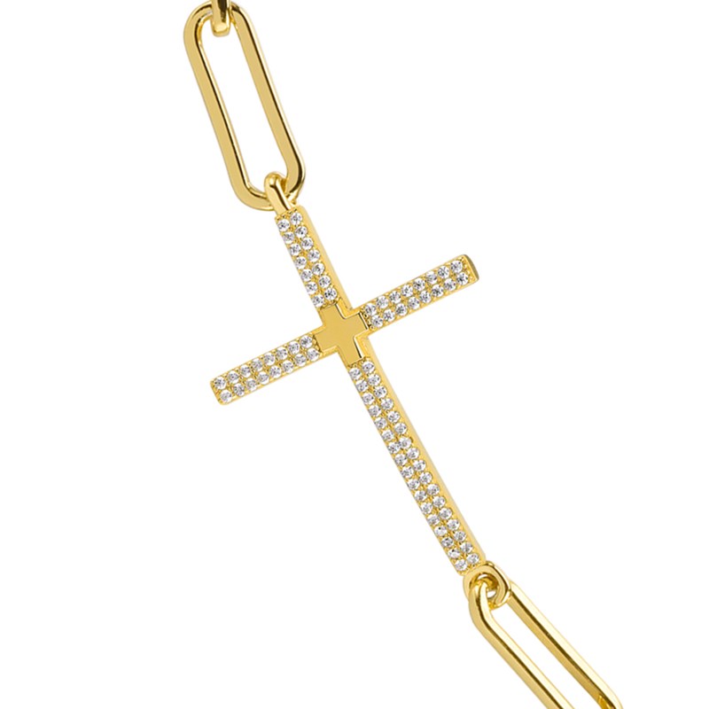 Bracelet Chaine Argent Croix Doré Serti De Pierre Blanche