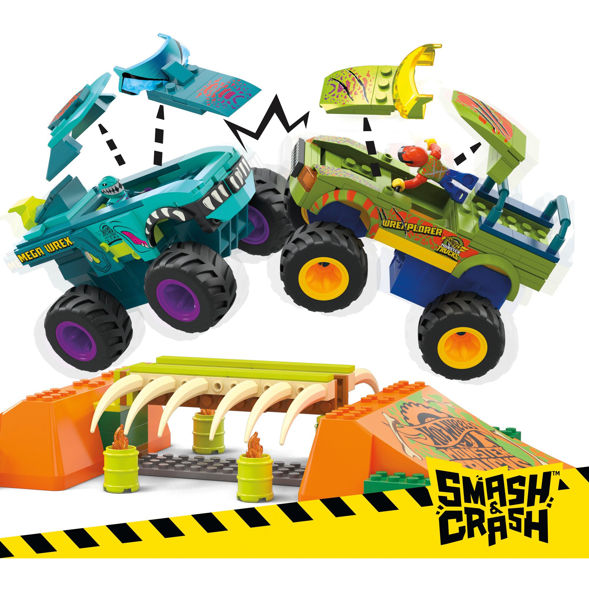 Mattel Konstruktionsspielzeug MEGA Hot Wheels Monster Trucks Mega-Wrex Knochen Crash Stuntbahn