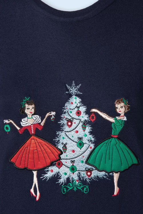 Banned Retro Vintage Christmas Holiday trui in marineblauw