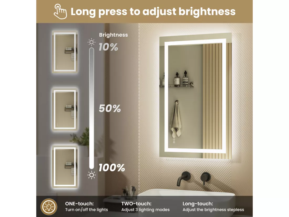 LED Miroir Lumineux Loupe+Tricolore + Anti-buée 100x60cm Salle de Bain Dimmable,Mémoire,Tactile
