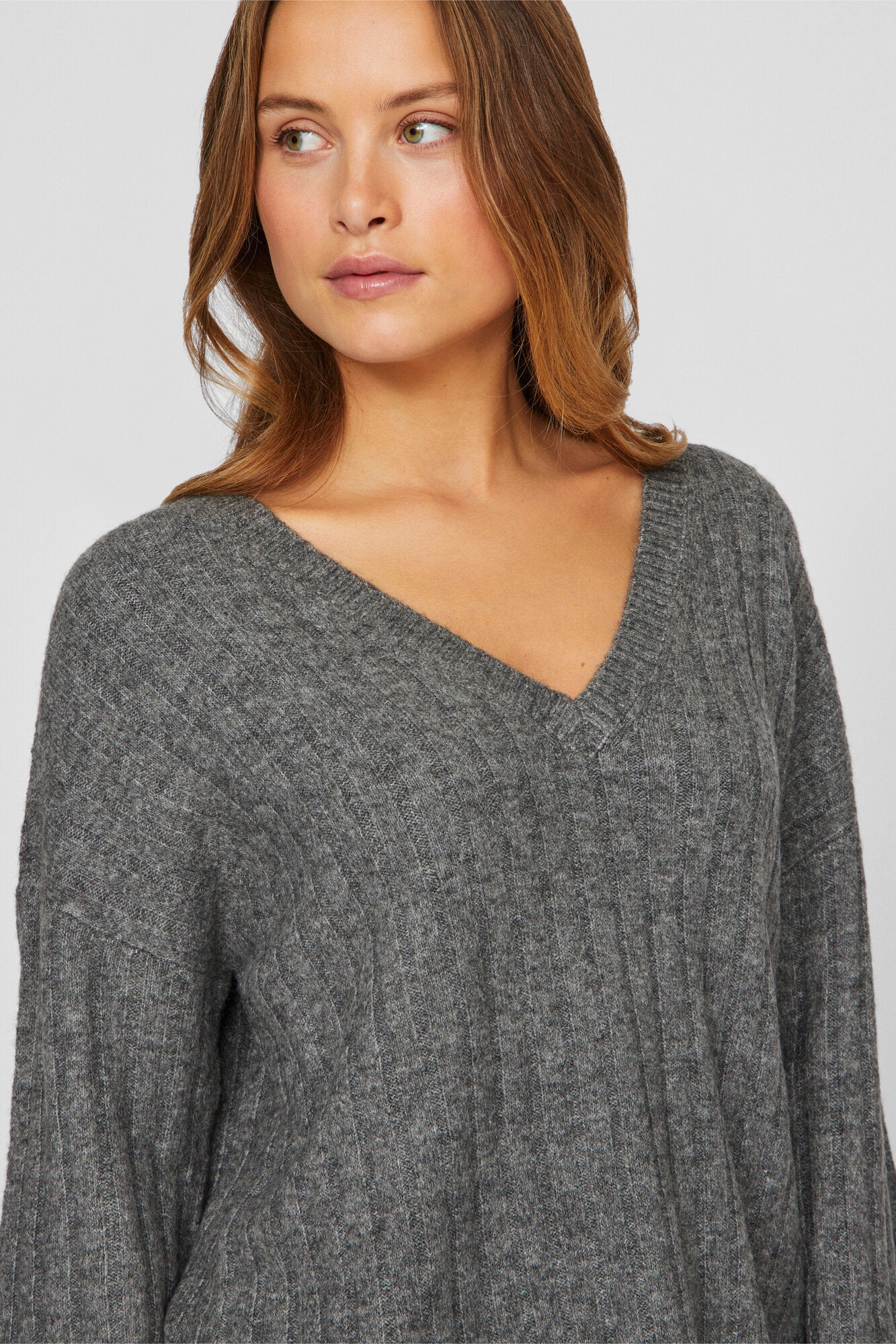 Vila  Vimiraz L/S Rev V-Neck striktrøje - Medium Grey Melange