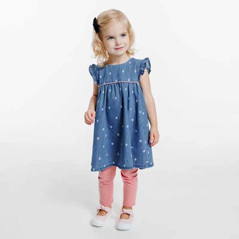 Robe fleurie denim et legging bleue bébé fille Bleu