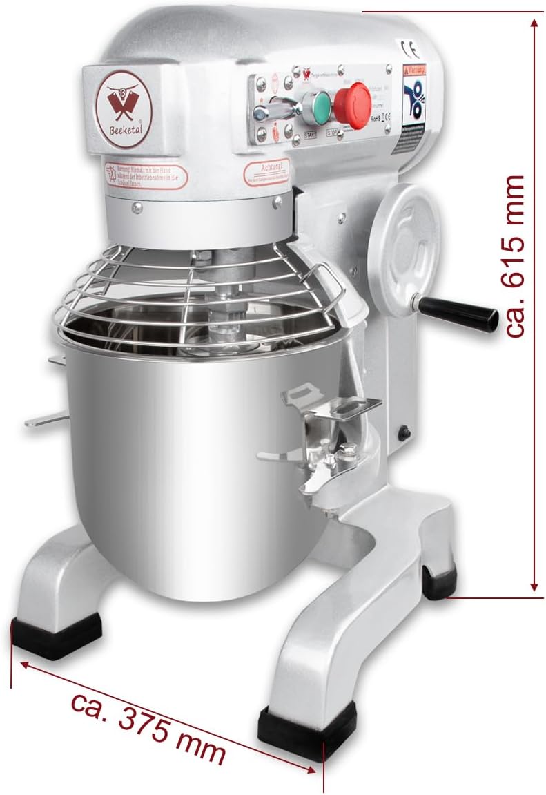 Beeketal 'BSM10P' Profi Teigknetmaschine mit Planetenrührwerk 10 Liter Kapazität (3 Stufen 105, 170, 340 U/min), Knetmaschine inkl. Knethaken, Schneebesen und Flachrührer - silber lackiert