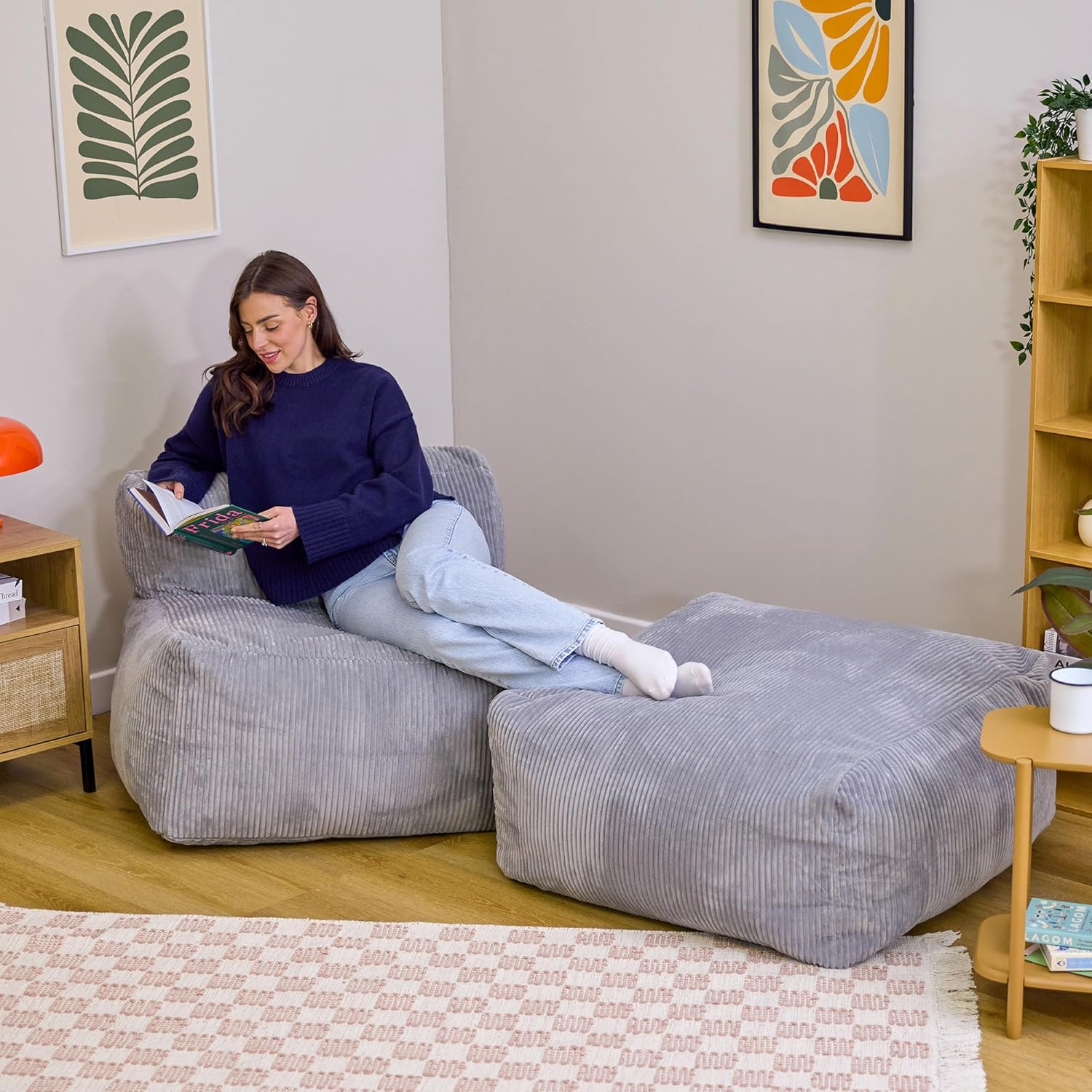 Icon Zen Sitzsack und Hocker, Modular Sofa für Erwachsene, Grau, Flauschiger Cordstoff, Ecksofa, Bequemer Bean Bag Sofa mit Schaumstoff Füllung, Relaxsessel, Lounge, Wohnzimmer Möbel
