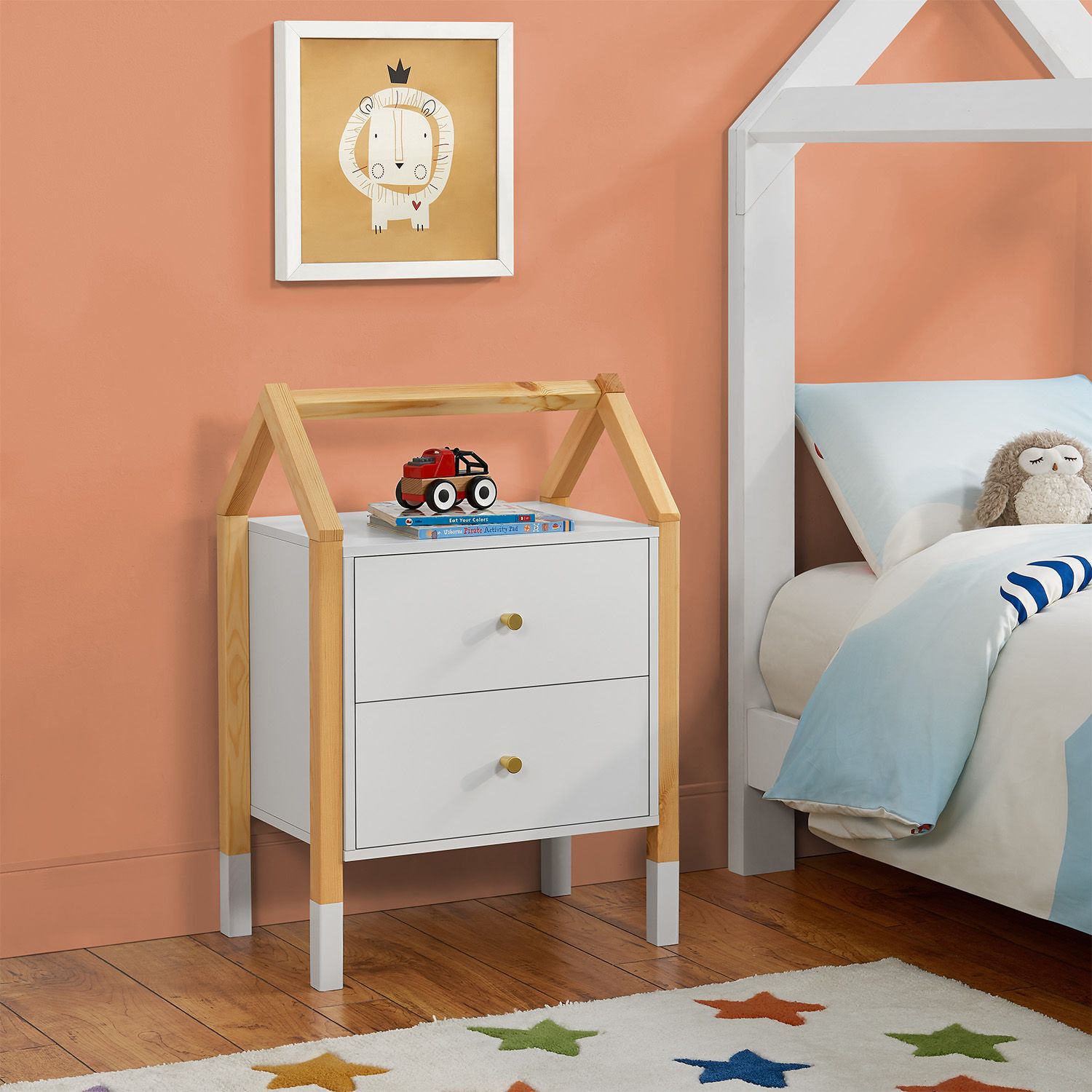 Juskys Kinder Nachttisch Enny mit 2 Schubladen - Nachtschrank klein & modern - Kommode Holz - Weiß