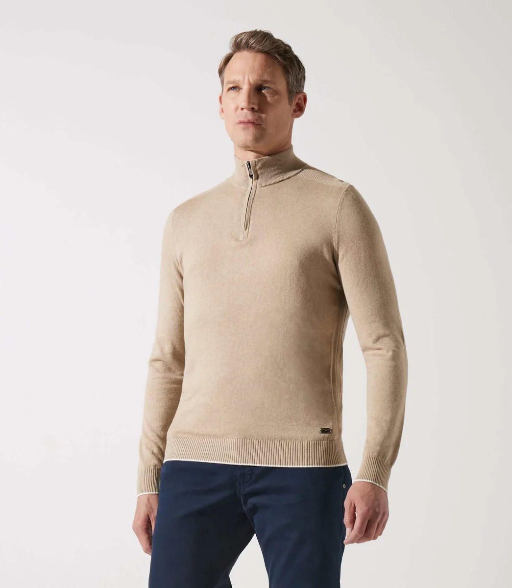 Pull col zippé camionneur beige foncé