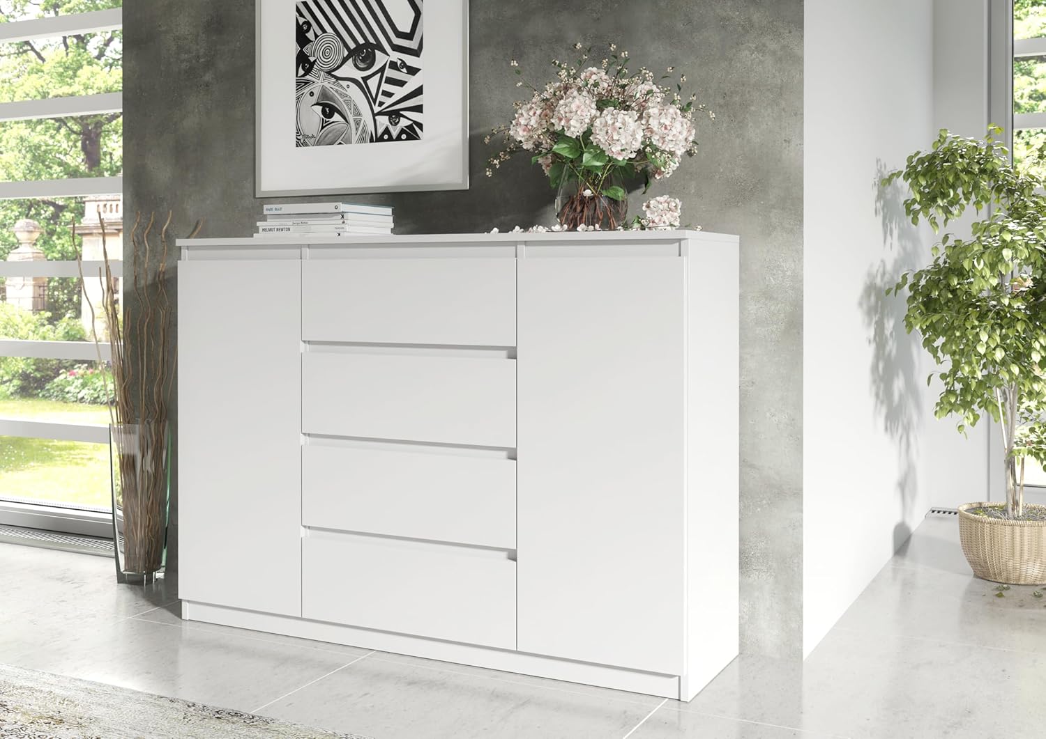 meble masztalerz Kommode Weiss mit 4 Schubladen und 2 Türen 120 cm, Sideboard Wohnzimmer, Schlafzimmer H: 101,5 cm, B: 120,4 cm, T: 39 cm, Kommode mit Schubladen, Schubladenschrank