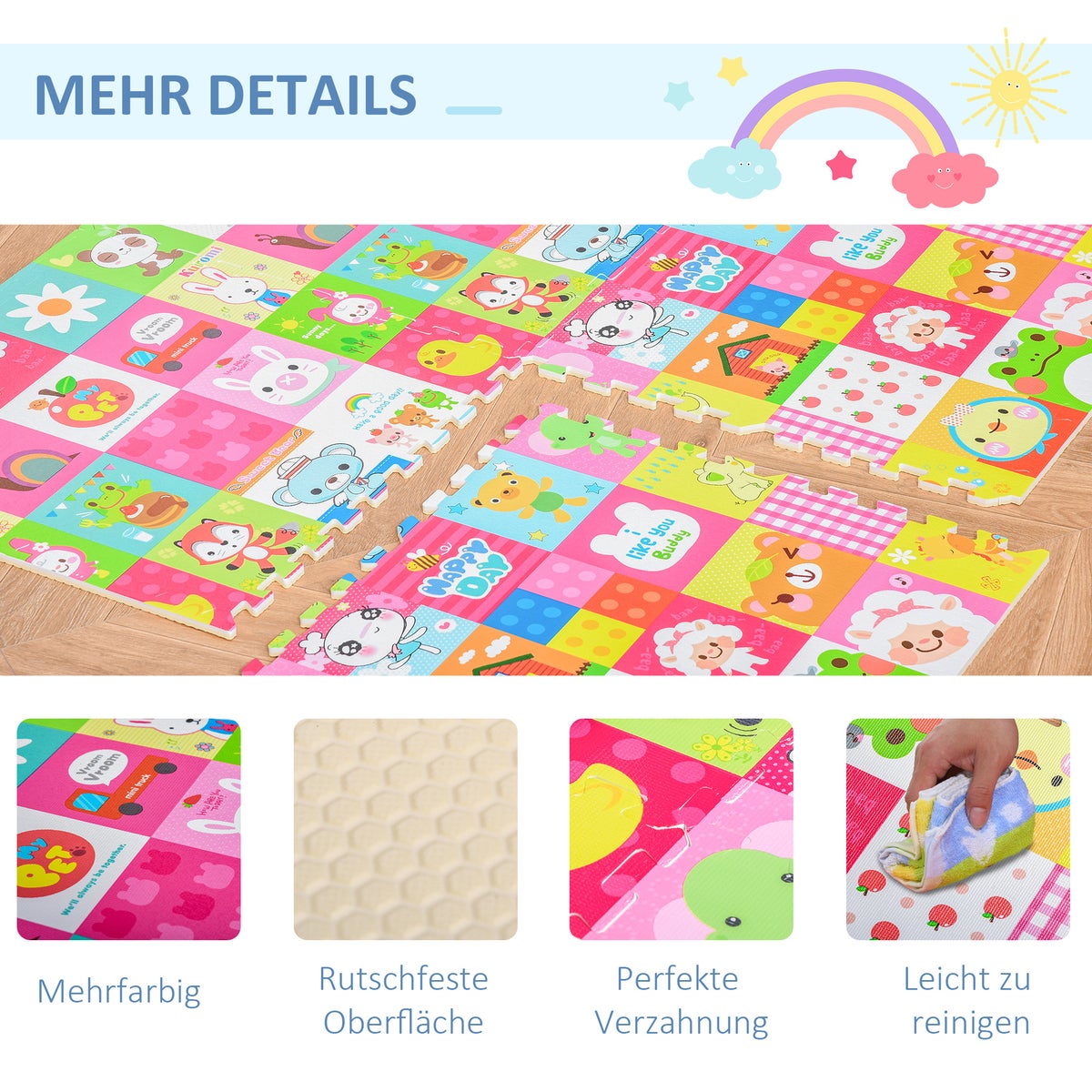 HOMCOM Puzzelmat voor baby's, speelmat voor kinderen, 61,5L x 61,5B x 1H cm, EVA, veelkleurig (snoep)
