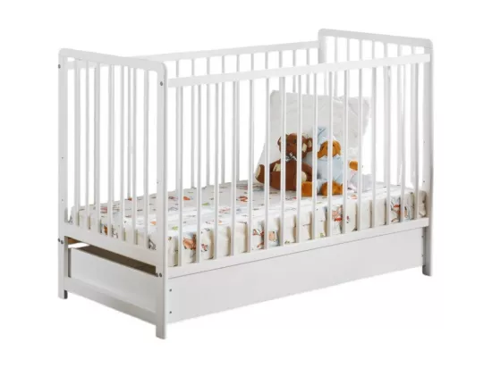 Lit bébé évolutif avec tiroir et matelas collection LUTIN réglable en hauteur. Coloris blanc mat.
