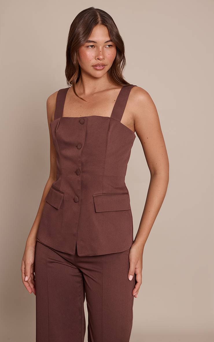 Chocolat Ensemble Coordonné Gilet Corset À Détails Boutonnés