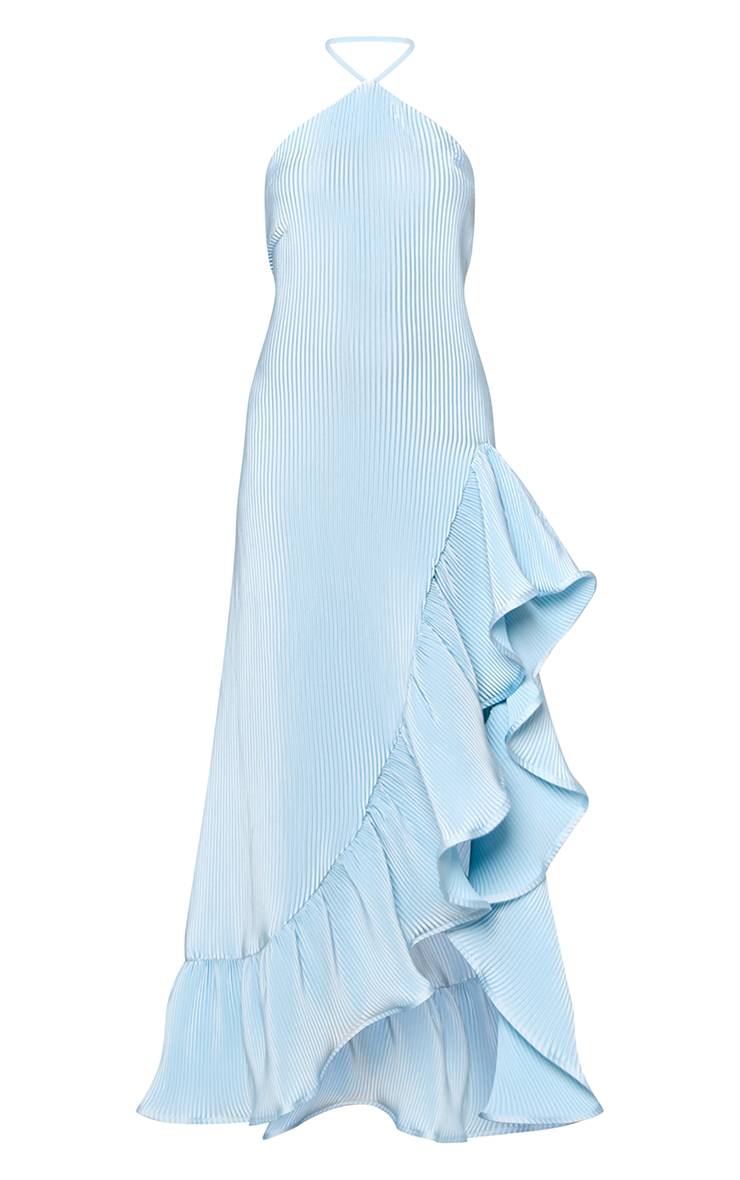 Bleu Layette Robe Longue En Satin Plissé Avec Détail À Volants